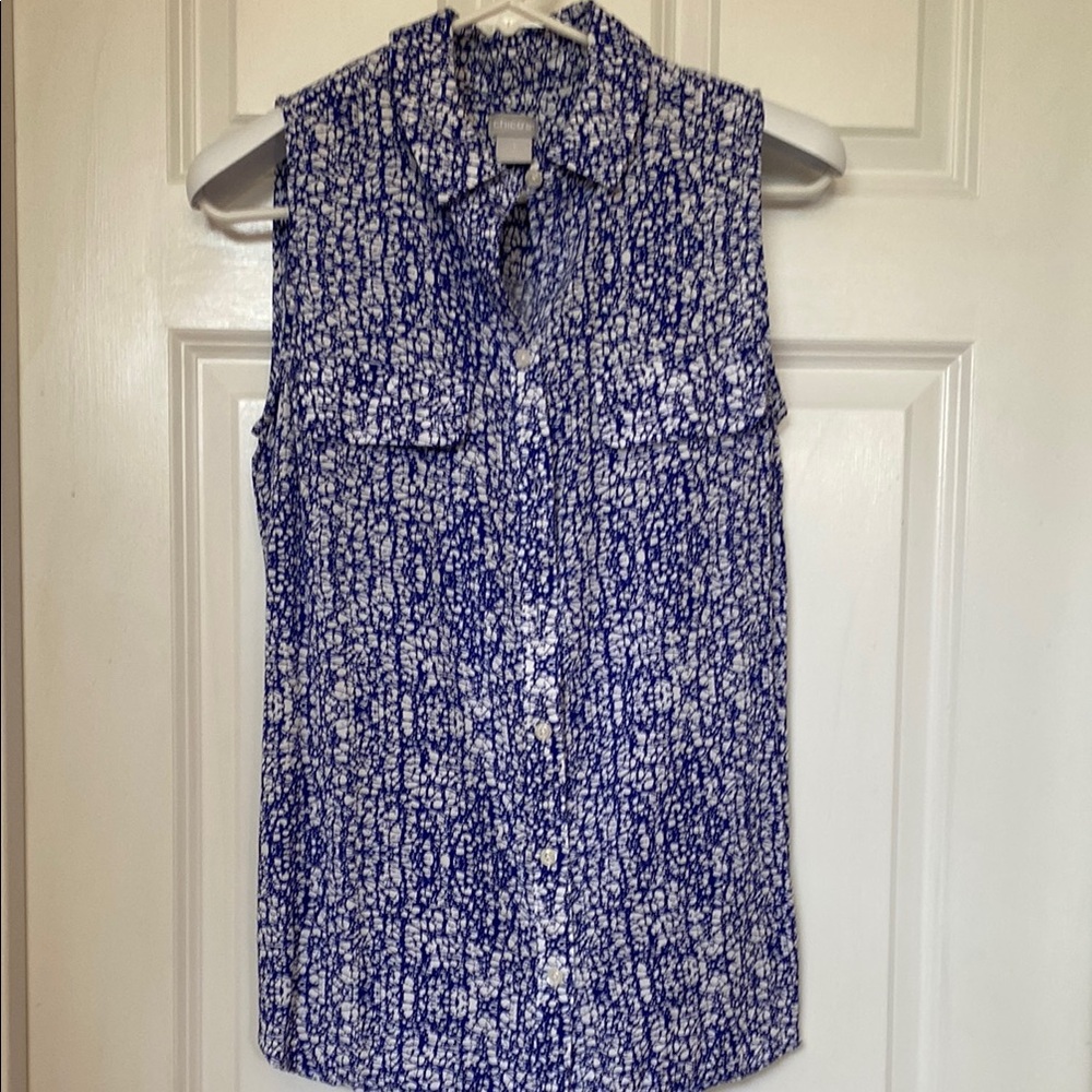 Chico's Blue and White Sleeveless Buttoned Tunic